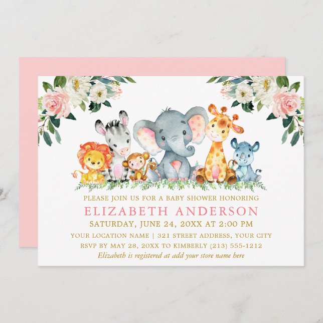 Aquarell Safari Tiere Rosa Flora Gold Dusche Einladung (Vorne/Hinten)