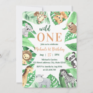 Aquarell-Safari-Tiere Wilde Eins 1. Geburtstag Einladung