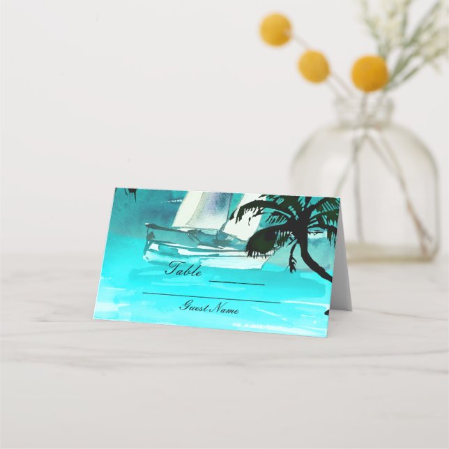 Aquarell Sailboat Palm Trees String Lights Table Platzkarte (Rückseite)