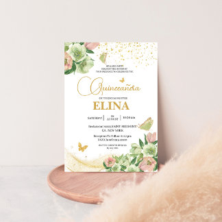 Aquarell Salbei Rosa Blütenblume Quinceañera Einladung