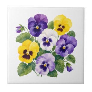 Aquarell samtig lila gelbe Stiefmütterchen-Blumenk Fliese