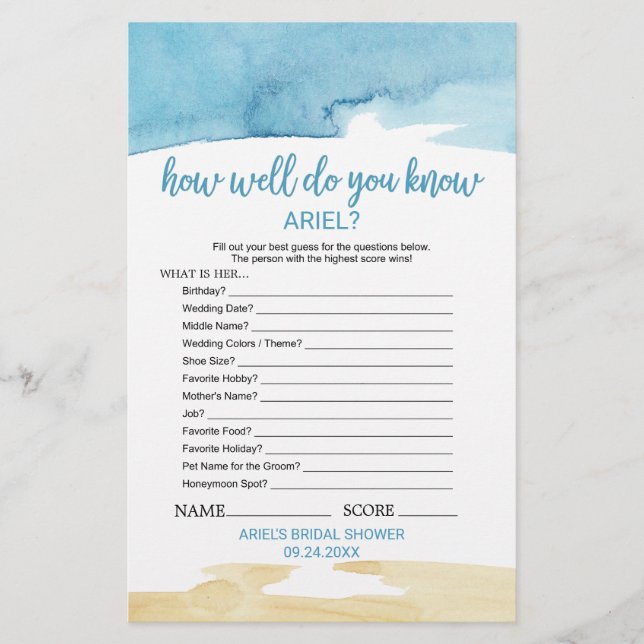 Aquarell Sand & Meer "Was ist in Ihrer Tasche" Spi (Vorderseite)