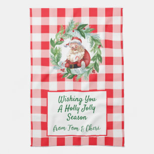 Aquarell Santa Rotkariert Fröhliche Weihnachten Geschirrtuch