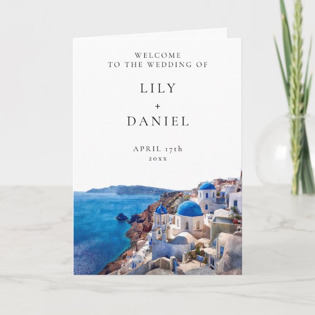 Aquarell Santorini Elegante Hochzeitsmappe Programm (Vorderseite)