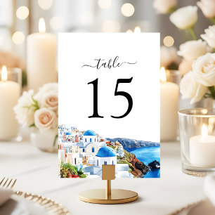 Aquarell Santorini Elegante Küstenhochzeit Tischnummer