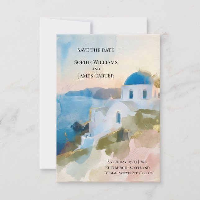 Aquarell Santorini Save The Date Karte (Vorderseite)