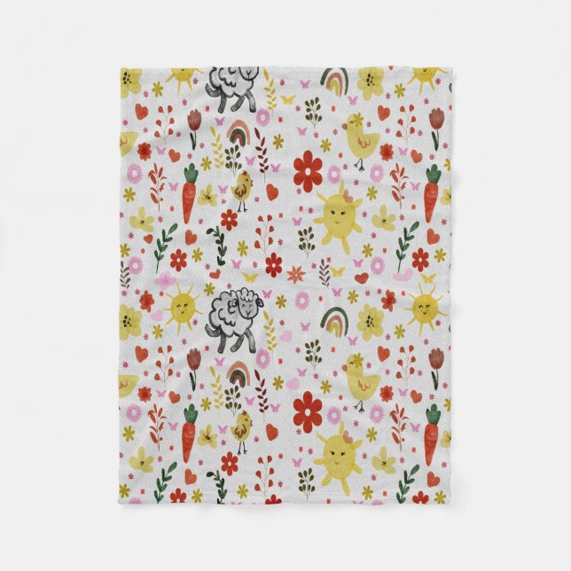 Aquarell Schaf-, Blumen- & Sonnenmuster  Fleecedecke (Vorderseite)