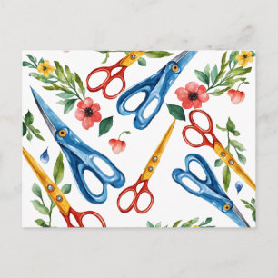 Aquarell-Schere und Wildblumen nahtloses Muster Feiertagspostkarte