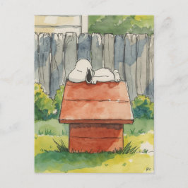 Aquarell schlafender Hund auf rotem Hundehaus Kuns Postkarte