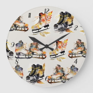 Aquarell-Schlittschuhe mit Herbstlaub-Muster   Große Wanduhr