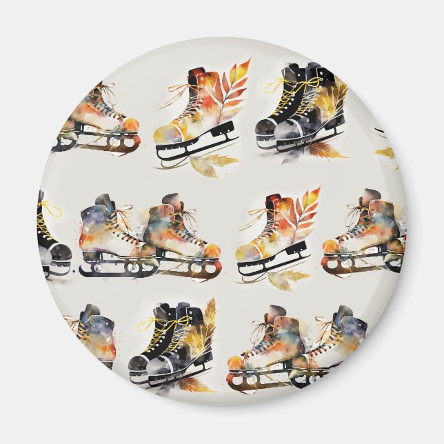 Aquarell-Schlittschuhe mit Herbstlaub-Muster   Magnet (Vorne)