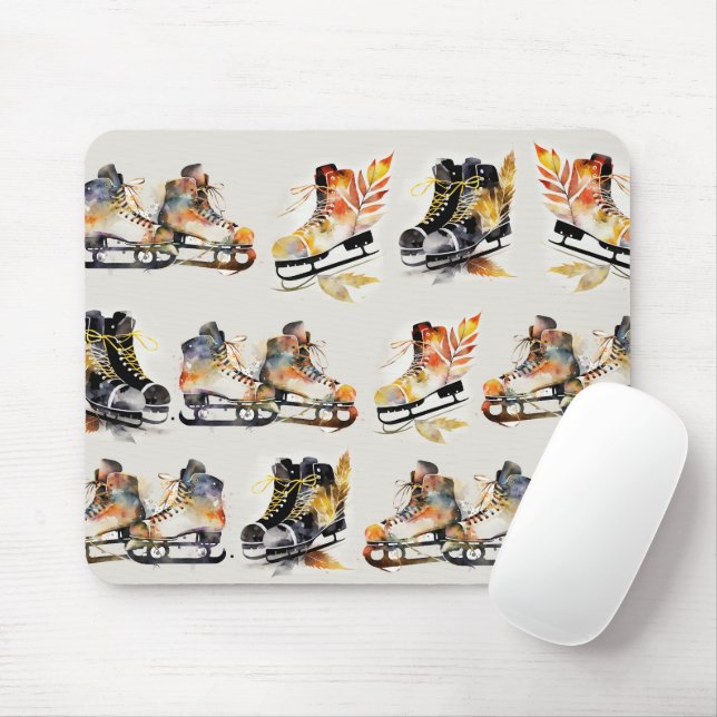 Aquarell-Schlittschuhe mit Herbstlaub-Muster   Mousepad (Mit Mouse)