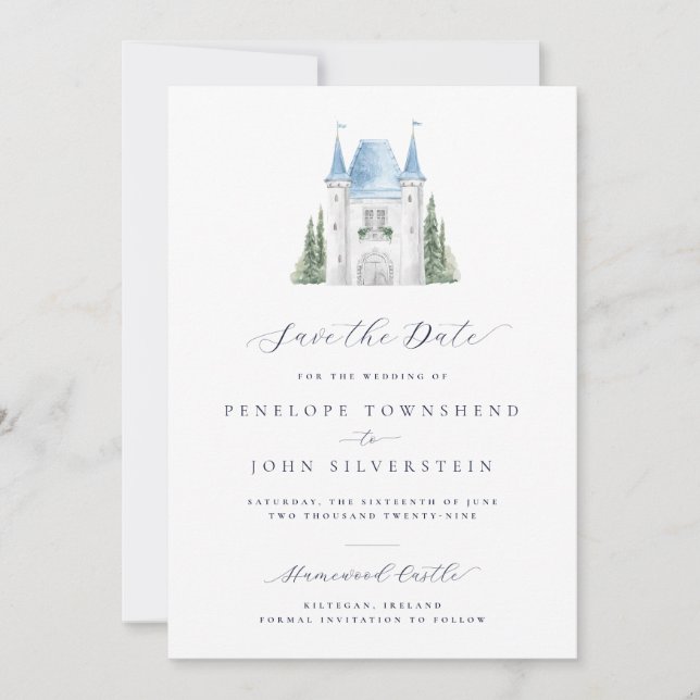 Aquarell-Schloss-Script-Hochzeit  Save The Date (Vorderseite)