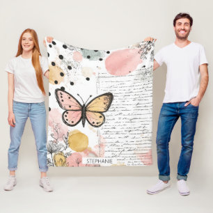 Aquarell Schmetterling Pink Gold Boho Natur Kunst Fleecedecke