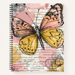 Aquarell Schmetterling Pink Gold Boho Natur Kunst  Notizbuch