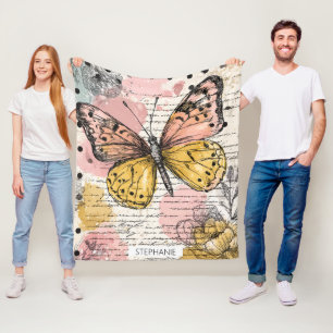 Aquarell Schmetterling Rosa Gold Boho Natur Kunst Fleecedecke