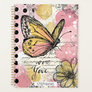 Aquarell Schmetterling Rosa Gold Boho Natur Kunst Planer
