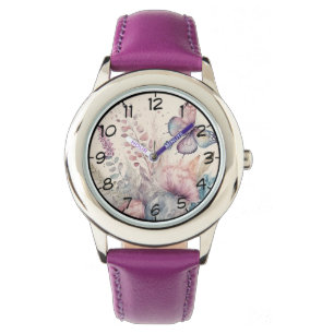 Aquarell-Schmetterling und Blumen Armbanduhr