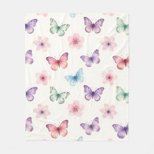 Aquarell-Schmetterlinge Kirschblüten-Muster Fleecedecke (Vorderseite)
