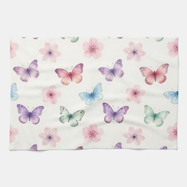 Aquarell-Schmetterlinge Kirschblüten-Muster Geschirrtuch (Horizontal)