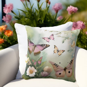 Aquarell-Schmetterlinge und -Blumen im Frühling Kissen