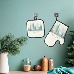 Aquarell schneebedeckte Bäume benutzerdefiniertes  Ofenhandschuh & Topflappen-Set