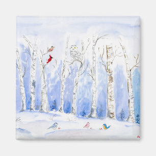 Aquarell-Schneeeule, Singvögel und Birken Magnet
