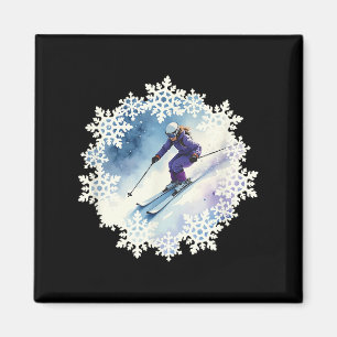 Aquarell-Schneeflocken und Skifahrer Magnet