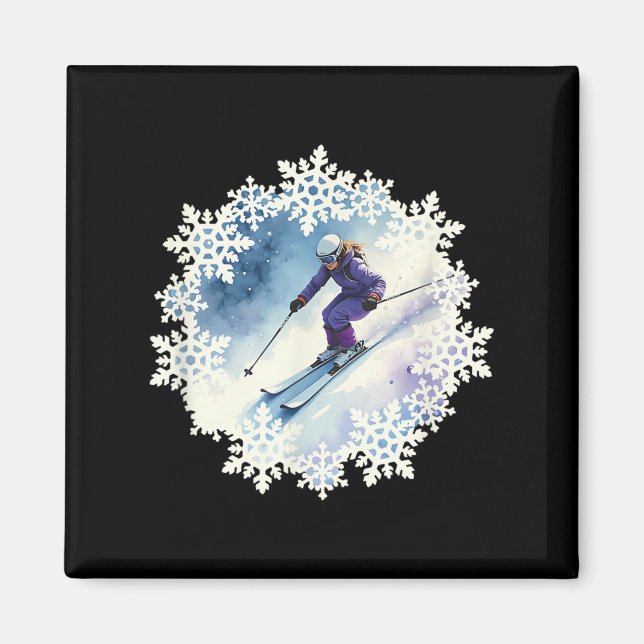Aquarell-Schneeflocken und Skifahrer  Magnet (Vorne)