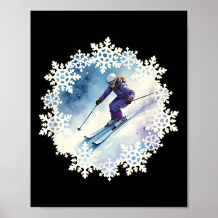 Aquarell-Schneeflocken und Skifahrer Poster