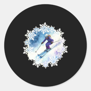 Aquarell-Schneeflocken und Skifahrer Runder Aufkleber