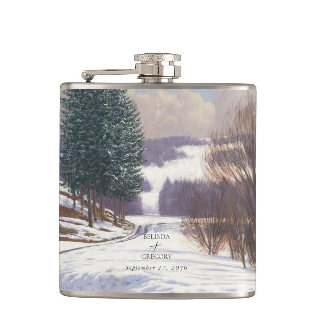 Aquarell-Schneelandschaft-Hochzeit Flachmann (Vorderseite)