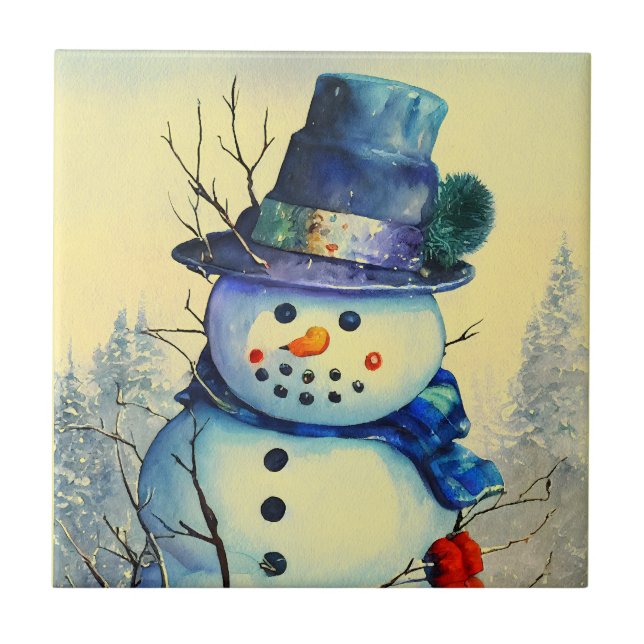 Aquarell-Schneemann-Keramikfliese Fliese (Vorderseite)