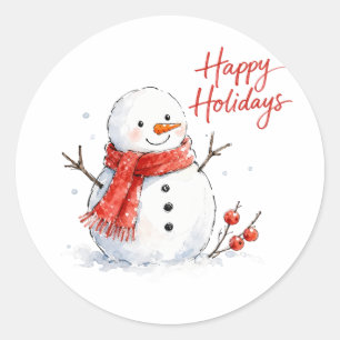 Aquarell-Schneemann mit rotem Schal Runder Aufkleber