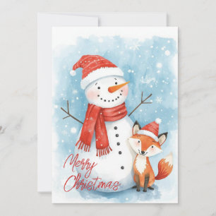Aquarell-Schneemann und Fuchs-Wald-Weihnachten Feiertagskarte