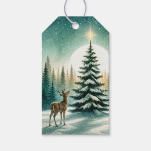 Aquarell Schneeverhangene Tanne mit Goldener Stern Geschenkanhänger