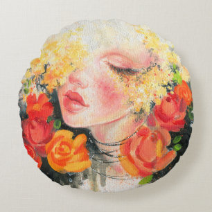 Aquarell schöne Frau und Blumen Rundes Kissen