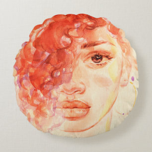 Aquarell schönes Mädchen Rundes Kissen