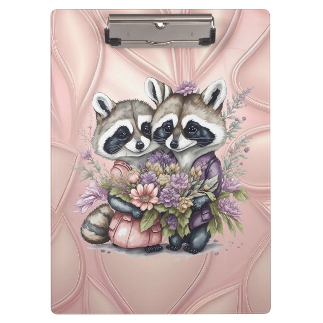 Aquarell Schönes Raccoon-Paar mit Blume Klemmbrett (Vorderseite)