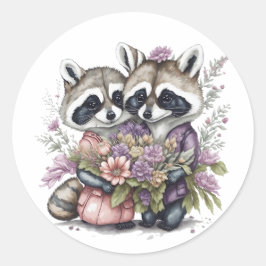 Aquarell Schönes Raccoon-Paar mit Blume Runder Aufkleber