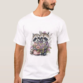 Aquarell Schönes Raccoon-Paar mit Blume T-Shirt