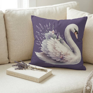 Aquarell-Schwan mit Lavendelblüten Kissen