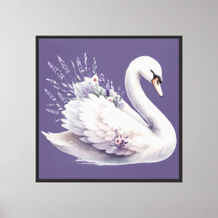 Aquarell-Schwan mit Lavendelblüten Leinwanddruck