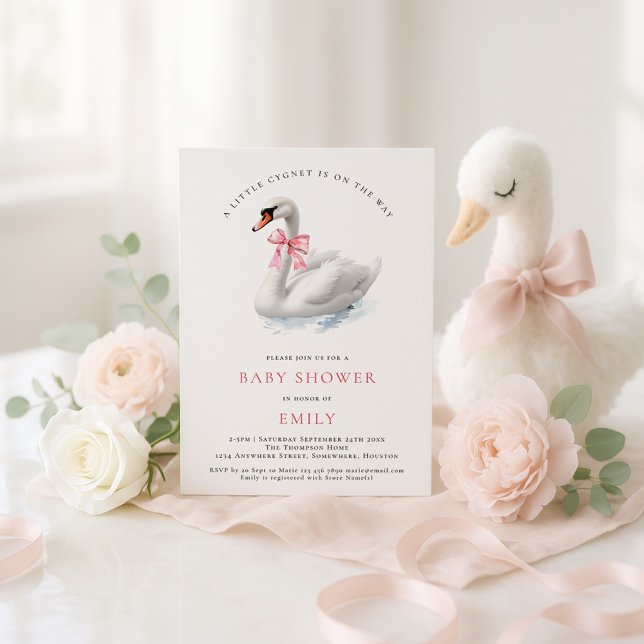 Aquarell Schwan Pink Bow Babydusche Einladung (Von Creator hochgeladen)