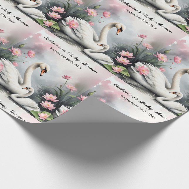 Aquarell Schwanensee Pink Lotus Florale Babydusche Geschenkpapier (Ecke)