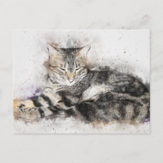 Aquarell Schwarz Braun und Weiß Katze Postkarte