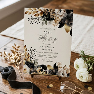 Aquarell Schwarz Gold Floral 60. Geburtstag Einladung