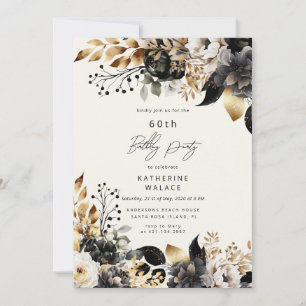Aquarell Schwarz Gold Floral 60. Geburtstag Einladung