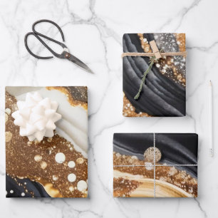 Aquarell Schwarz & Gold Glitter Achat Alkohol-Tint Geschenkpapier Set