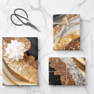 Aquarell Schwarz & Gold Glitter Agat Alkohol-Tinte Geschenkpapier Set